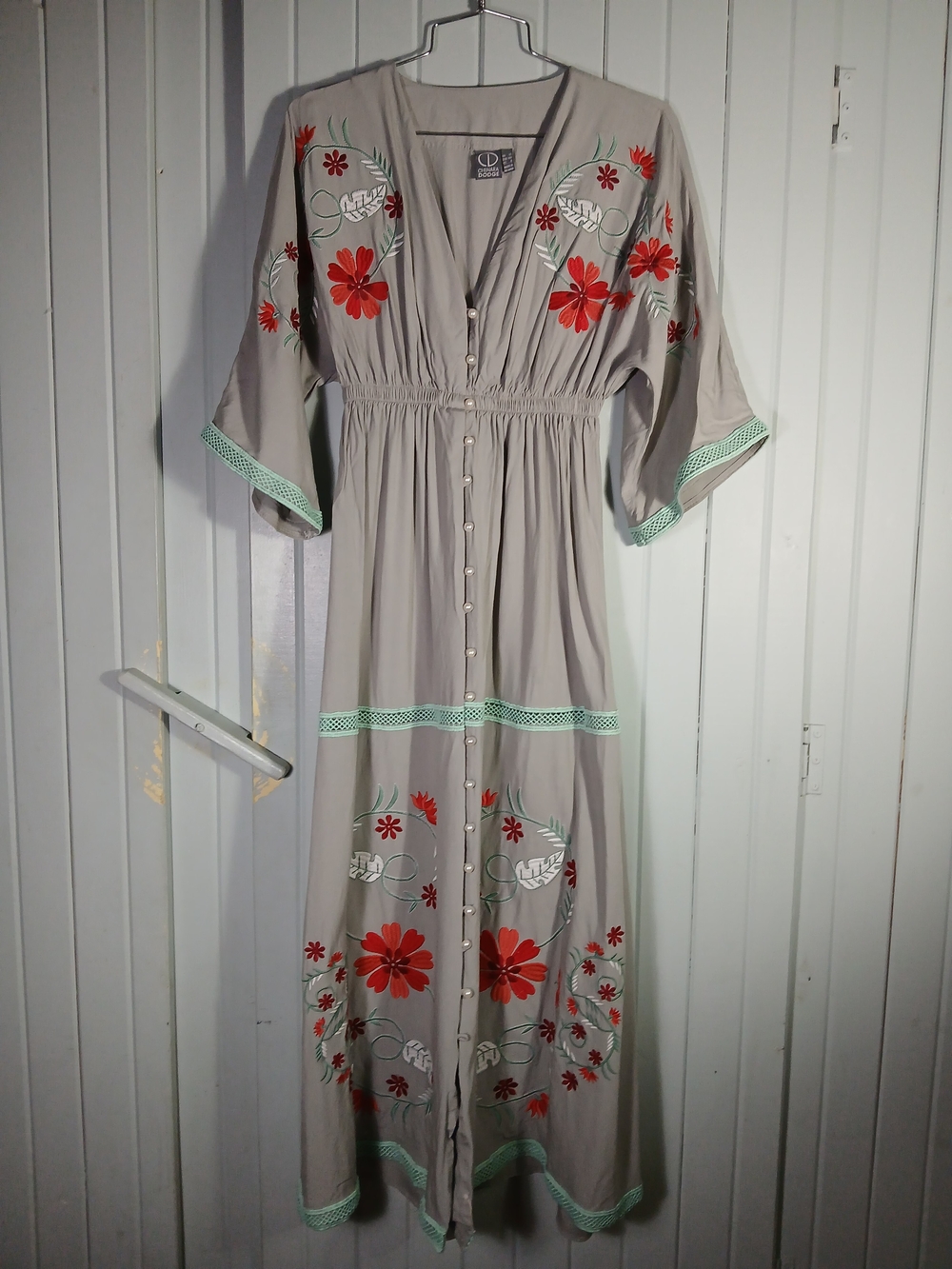 Boho Embroidered Grey Maxi Dress with Red Floral Accents